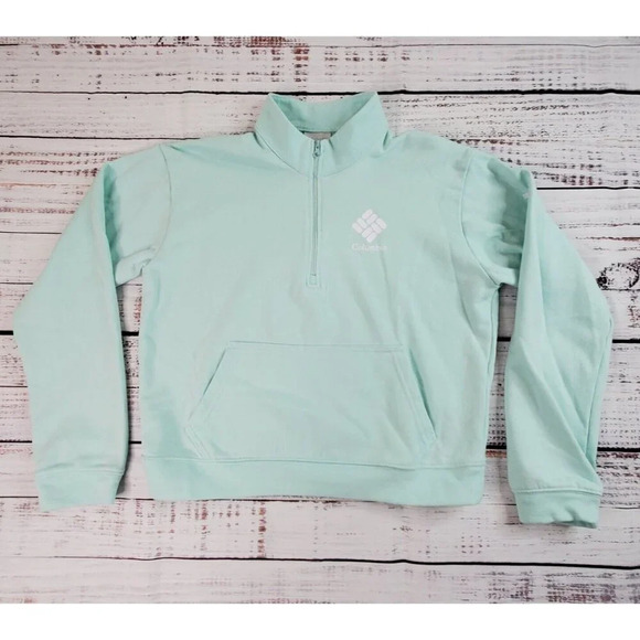 Columbia Trek Sweatshirt Women Medium Mint Blue Cropped 1/2 Zip French Terry - Picture 1 of 14